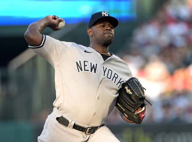 Jul 17, 2023; Anaheim, California, USA;  New York Yankees starting pitcher Luis Severino (40) throws to the plate in the third inning against the Los Angeles Angels at Angel Stadium.