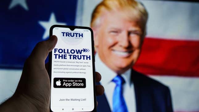 Stock image of Trump, Truth social logo, American flag