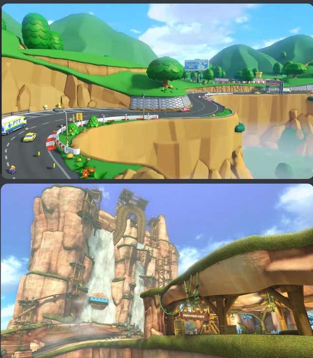 A comparison screenshot from Reddit shows the new version of Shroom Ridge coming to Mario Kart 8 alongside its existing Shy Guys Fall course.