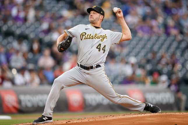 Apr 17, 2023; Denver, Colorado, USA; Pittsburgh Pirates starting pitcher Rich Hill (44) pitches in the first inning against the Colorado Rockies at Coors Field.
