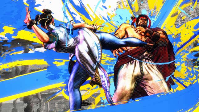 Chun-Li attacks Ryu amidst blue and yellow paint splatter.