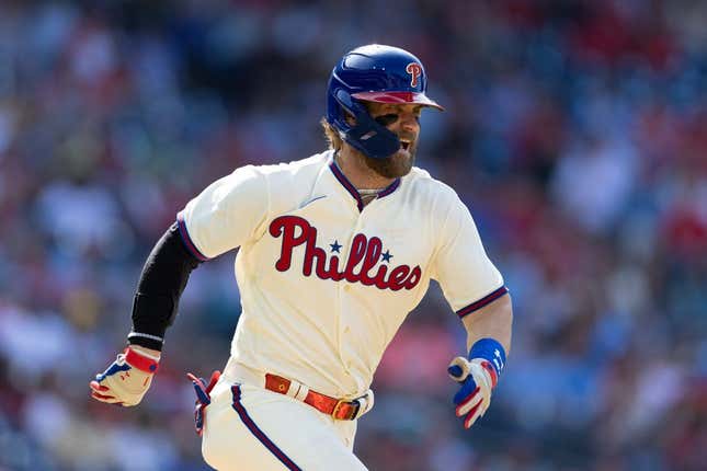 May 10, 2023; Philadelphia, Pennsylvania, USA; Philadelphia Phillies designated hitter Bryce Harper (3) runs the bases after hitting a single during the first inning against the Toronto Blue Jays at Citizens Bank Park.