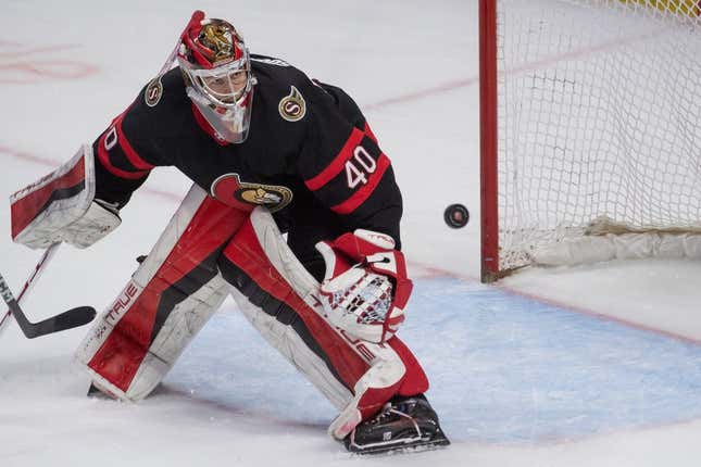Mar 23, 2023; Ottawa, Ontario, CAN; Ottawa Senators goalie Mads Sogaard (40) follows the puck in the third period against the Tampa Bay Lightning at the Canadian Tire Centre.