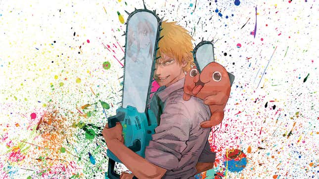 Denji holds a chainsaw while his chainsaw dog climbs on his back.