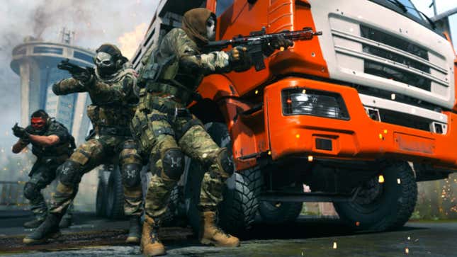 A squad of soldiers gathers behind a truck in Call of Duty.