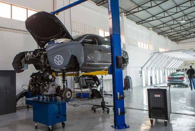 A vehicle is seen inside the first domestically built car rolled off the assembly line at Volkswagen's new factory in Kigali, Rwanda June 27, 2018.