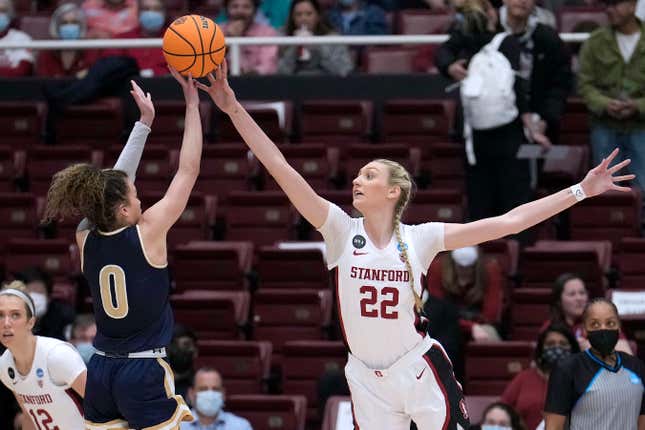 Stanford star Cameron Brink blocks a shot in the Cardinal’s 78-37 win over Montana State.