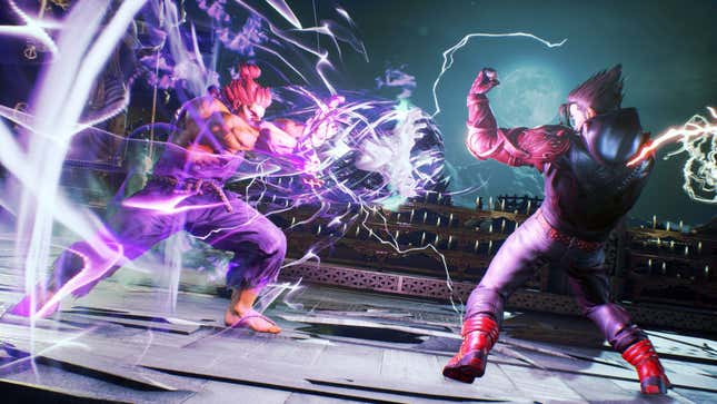 Street Fighter's Akuma has no chill as he shoots a hadouken at Tekken protagonist Jin Kazama.