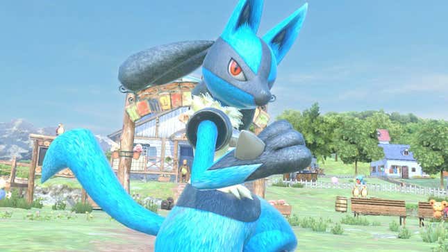 Lucario is shown standing in a grassy area with Pidgeys and a Teddiursa watching it.