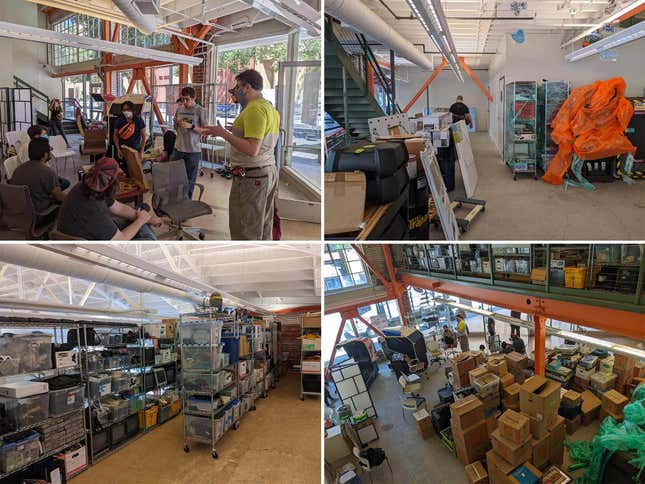 A series of four images shows The MADE moving into its new location in old Oakland, California.