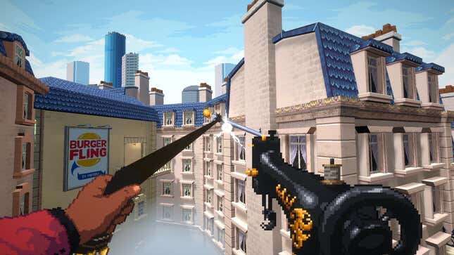 A screenshot shows a player swinging across a large game using a belt. 