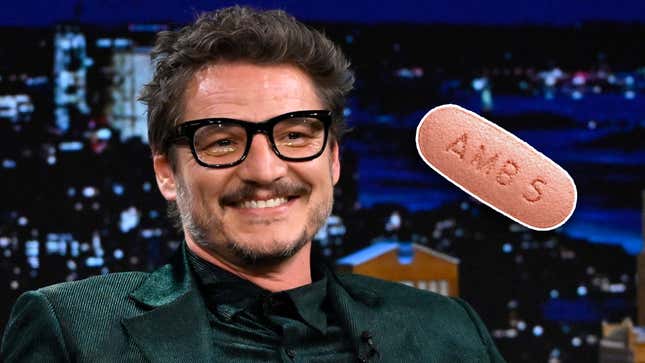 An image shows Pedro Pascal smiling while a large Ambien pill floats next to him. 