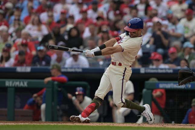 May 20, 2023; Philadelphia, Pennsylvania, USA;  Philadelphia Phillies first baseman Kody Clemens (23) hits a solo home run during the first inning of the game against the Chicago Cubs at Citizens Bank Park.