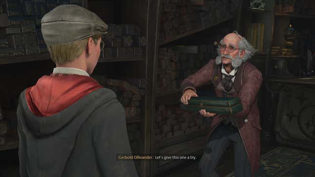 An older man with fantastic facial hair opens a wand box while saying "Let's give this one a try."
