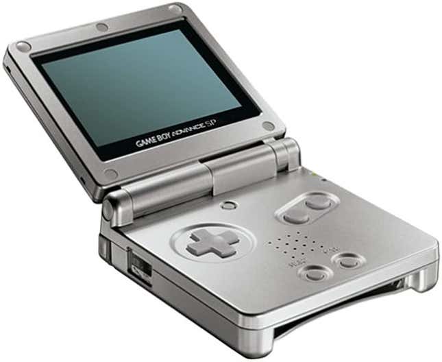A render shows a silver Game Boy Advance SP.