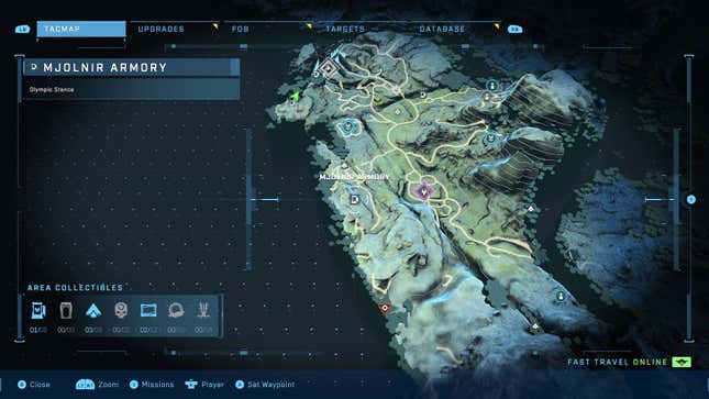 A map of Halo Infinite's open-world area shows FOBs, bases, and optional cosmetics.