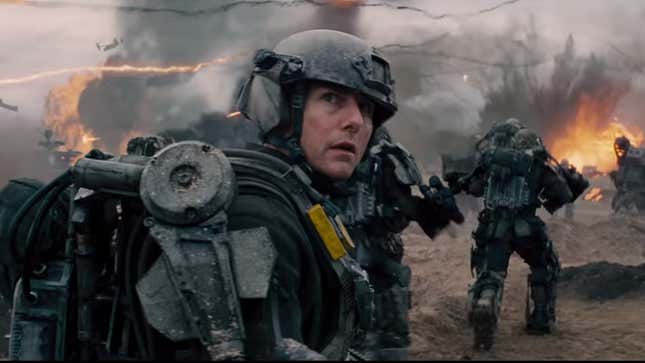 A still of Tom Cruise in battle armor from the movie Edge of Tomorrow