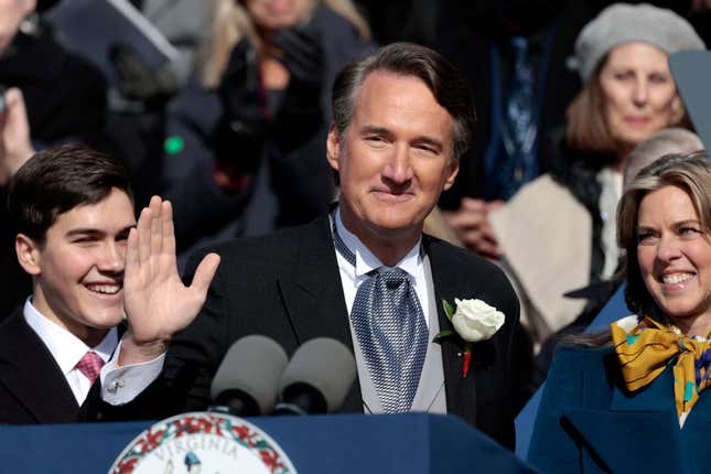  Glenn Youngkin is sworn in as the 74th Governor of Virginia on the steps of the State Capitol on January 15, 2022, in Richmond, Virginia. Youngkin, who once served as co-CEO of the private equity firm The Carlyle Group, is the first Republican Governor elected to govern the Virginian commonwealth since 2009. 