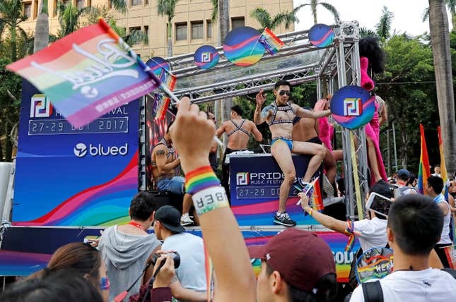 People at Taipei’s pride parade on Oct. 28, 2017.
