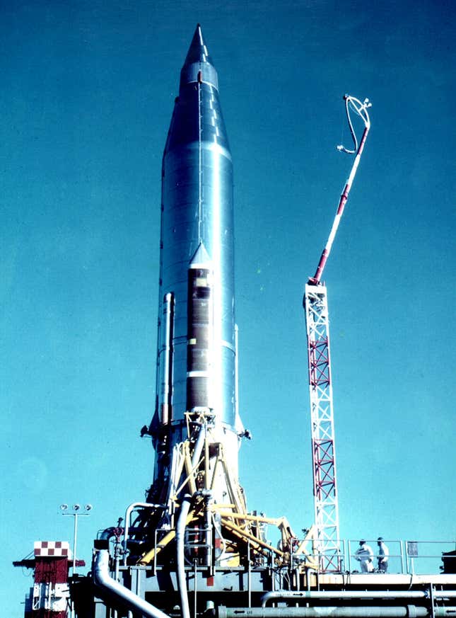 The Atlas rocket containing SCORE preps for launch.
