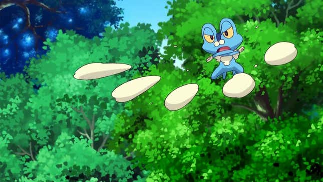 Froakie is seen throwing projectiles while jumping in the air.
