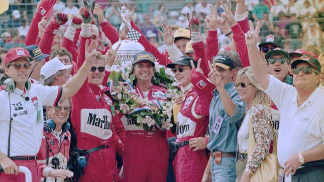 Emerson Fittipaldi after winning the 1993 Indy 500. He would later fail to qualify for the race.