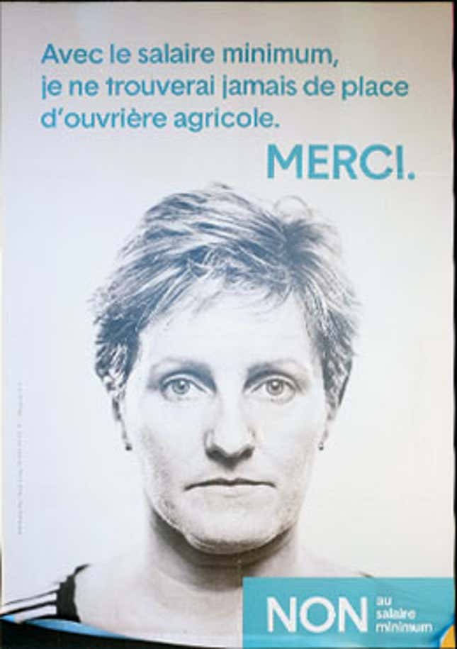Image for article titled These are the posters trying to sway Swiss voters on a $28 hourly minimum wage