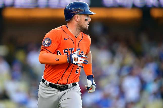 Jun 25, 2023; Los Angeles, California, USA; Houston Astros third baseman Alex Bregman (2) runs after hitting an RBI single against the Los Angeles Dodgers during the eleventh inning at Dodger Stadium.