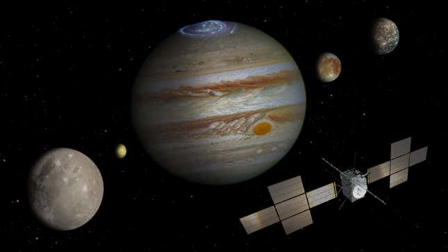 An illustration of the JUICE spacecraft around Jupiter and its moons. 
