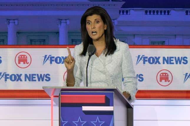 Former U.N. Ambassador Nikki Haley speaks during a Republican presidential primary debate hosted by FOX News Channel, on August. 23, 2023, in Milwaukee.