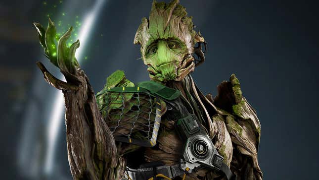 Groot from the new Guardians of the Galaxy game is seen holding some green, glowing spores.