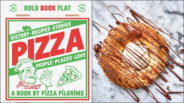Left: cover image for Pizza the cookbook; Right: Nutella Pizza Ring on marble surface drizzled with chocolate