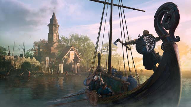 Characters in Assassin's Creed Valhalla near the shore of a village in an epic viking boat.