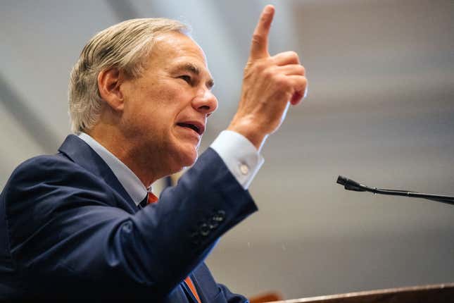 HOUSTON, TEXAS - OCTOBER 27: Texas Governor Greg Abbott speaks during the Houston Region Business Coalition's monthly meeting on October 27, 2021 in Houston, Texas. Abbott spoke on Texas' economic achievements and gave an update on the state's business environment.