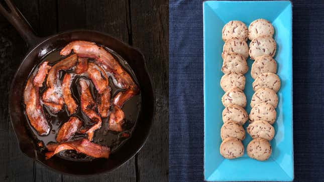 cooked bacon in pan, shortbread cookies with bacon