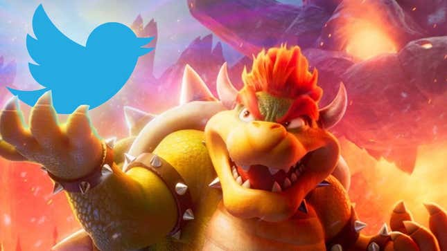 Bowser from The Super Mario Bros. Movie is holding the Twitter Bird logo in his left hand against a fiery background.