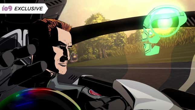 In a still from animated series Parallel Man, a man drives a hover car with a green skull AI avatar floating before him.