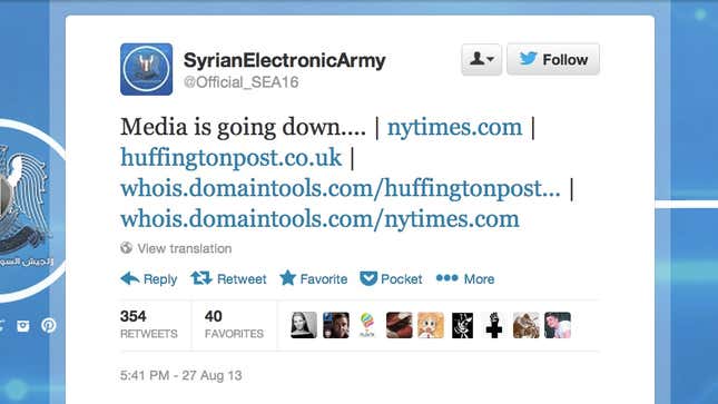 Image for article titled How the Syrian Electronic Army “hacked” the New York Times, Twitter and the Huffington Post