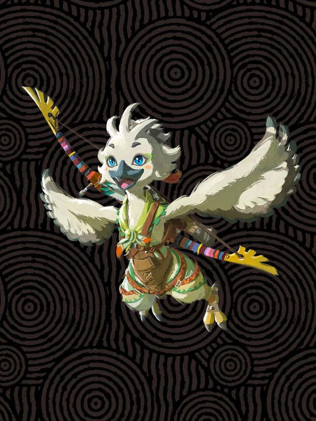 A young Rito flies with a bow across his back. 