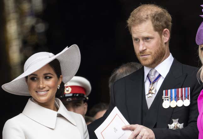 Prince Harry, Duke of Sussex, Meghan, Duchess of Sussex leaving the National Service of Thanksgiving to Celebrate the Platinum Jubilee of Her Majesty The Queen at St Paul’s Cathedral on June 3, 2022 in London, England. (Photo by Humphrey Nemar - WPA Pool/Getty Images)