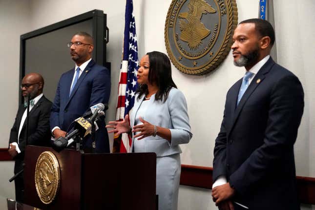 Assistant Attorney General Kristen Clarke speaks at a news conference in Baton Rouge, La., Thursday, June 9, 2022. The U.S. Justice Department announced it is opening a sweeping civil rights investigation into the Louisiana State Police amid mounting evidence that the agency has looked the other way in the face of beatings of mostly Black men, including the deadly 2019 arrest of Ronald Greene. Left to right are U.S. Attorneys Duane A. Evans, Ronald C. Gathe Jr., and Brandon B. Brown, right.
