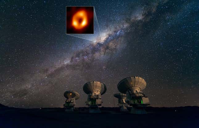 The Atacama Large Millimeter/submillimeter Array (ALMA) looking up at the Milky Way as well as the location of Sagittarius A*, the supermassive black hole at our galactic centre. Highlighted in the box is the image of Sagittarius A* taken by the Event Horizon Telescope (EHT) Collaboration.