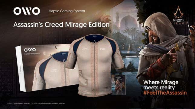Die Assassin's Creed Mirage-Edition des OWO Haptic Gaming System wird neben einem Rendering von Basim gezeigt.