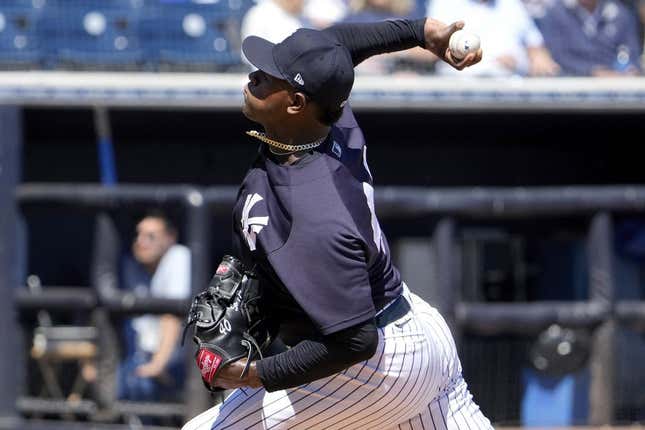 Mar 21, 2023; Tampa, Florida, USA; New York Yankees starting pitcher Luis Severino (40) throws a pitch against the Detroit Tigers during the first inning at George M. Steinbrenner Field.