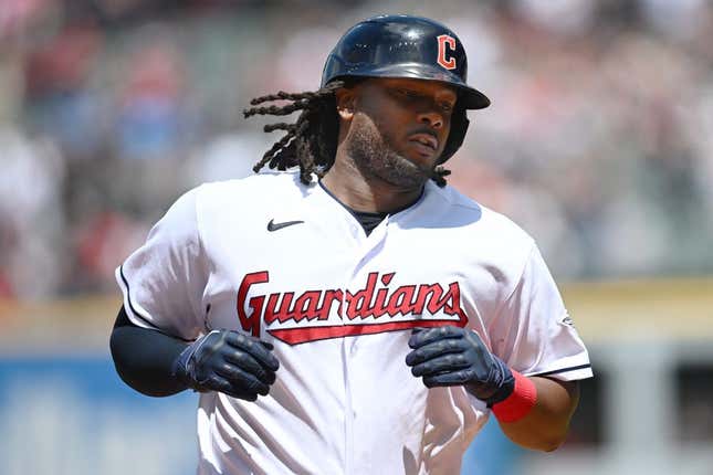Jun 22, 2023; Cleveland, Ohio, USA; Cleveland Guardians first baseman Josh Bell (55) rounds the bases after hitting a home run during the fifth inning against the Oakland Athletics at Progressive Field.