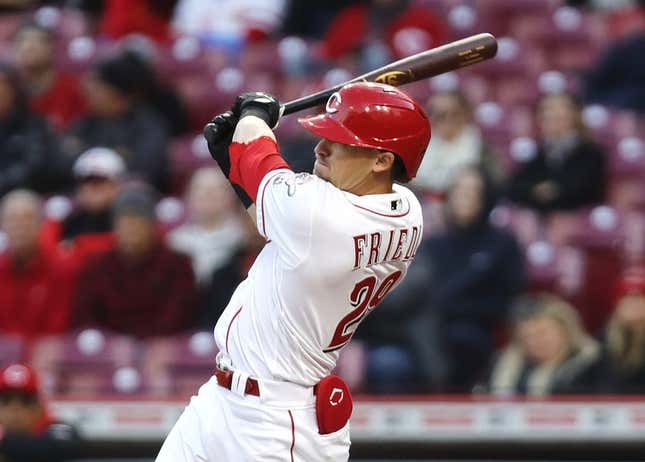 Apr 17, 2023; Cincinnati, Ohio, USA; Cincinnati Reds center fielder TJ Friedl (29) hits a three-run double against the Tampa Bay Rays during the fourth inning at Great American Ball Park.