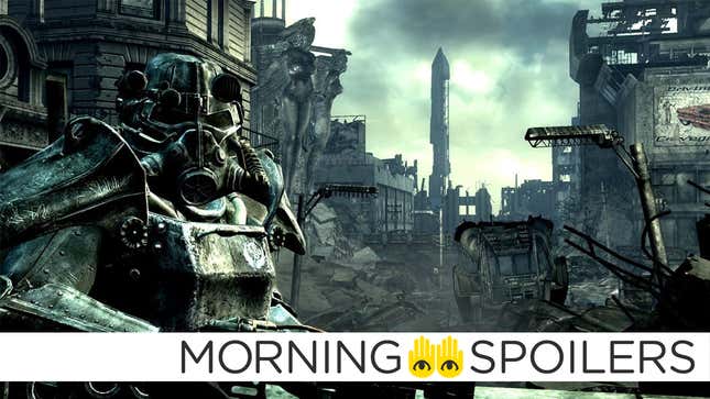 A person in heavy power armor looks over a ruined post apocalyptic city landscape in Fallout 3.