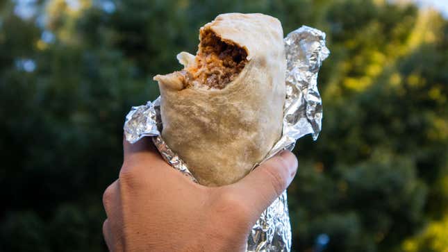 Hand holding a burrito in the air