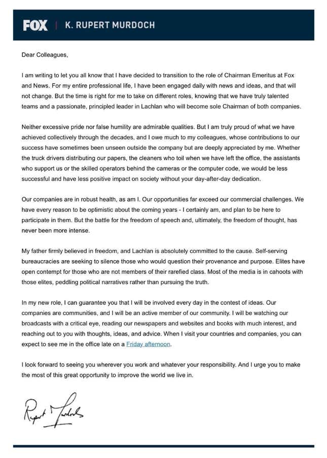 Rupert Murdoch letter to staff announcing his retirement