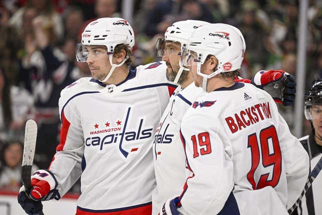 Mar 19, 2023; Saint Paul, Minnesota, USA; Washington Capitals forward Alex Ovechkin (8) celebrates his second power play goal of the game against the Minnesota Wild with forwards Dylan Strome (17) and Nicklas Backstrom (19) during the third period at Xcel Energy Center.